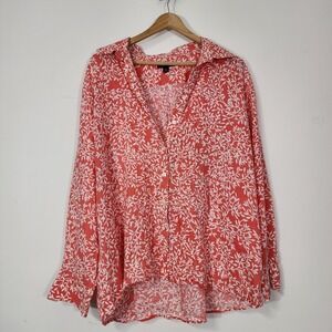 Lands' End 100% Linen Coral Botanical Button Front Blouse Women XL Petite beach